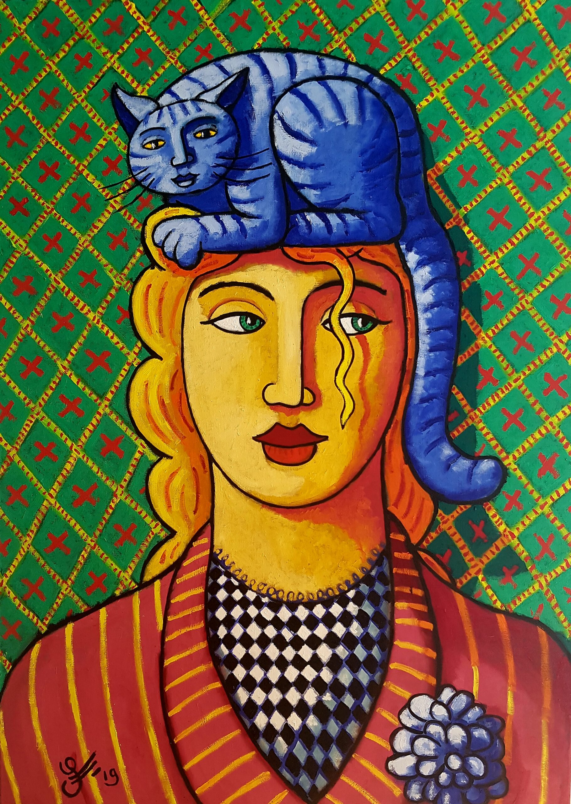 Kunst: Woman with cathat van kunstenaar Jacques Tange
