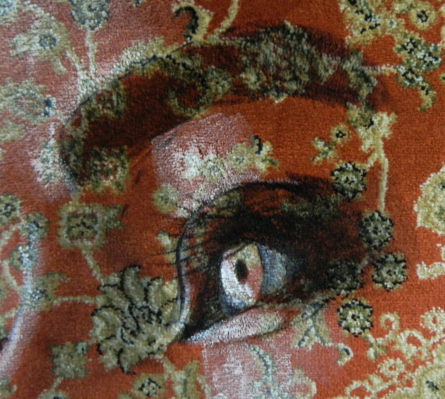 Kunst: Portrait of Nurcan, painted on a traditional carpet. van kunstenaar Jacqueline Klein-Breteler