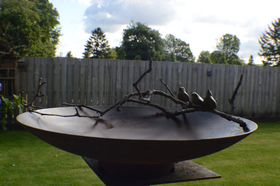 Kunst: water dish 3 wrens van kunstenaar Chris Gadiot