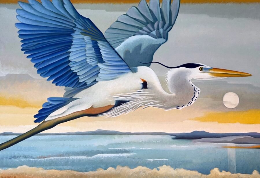 Kunst: Heron over the sea van kunstenaar Yvonne Zomerdijk