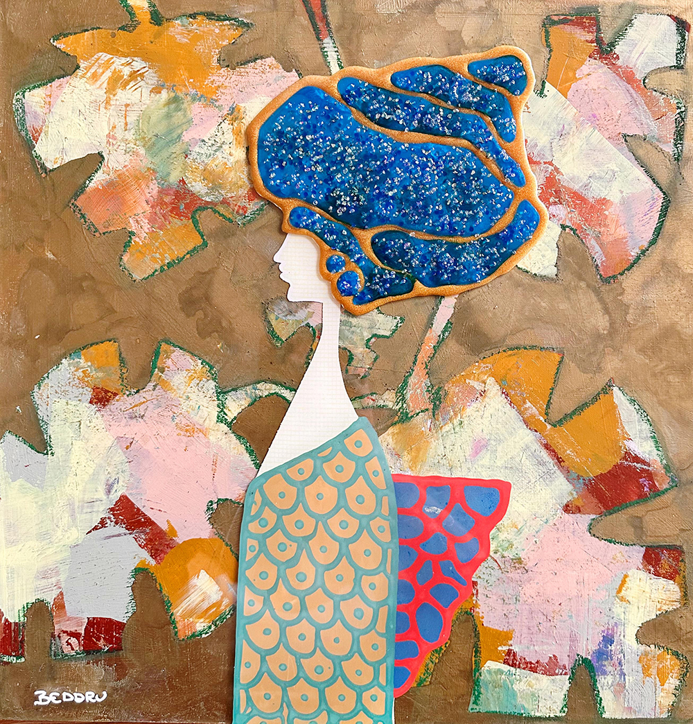 Schilderij met dame en blauwe en oranje achtergrond van kunstenaar Beddru machtsverhouding met sociaal en gender gelijkheid
