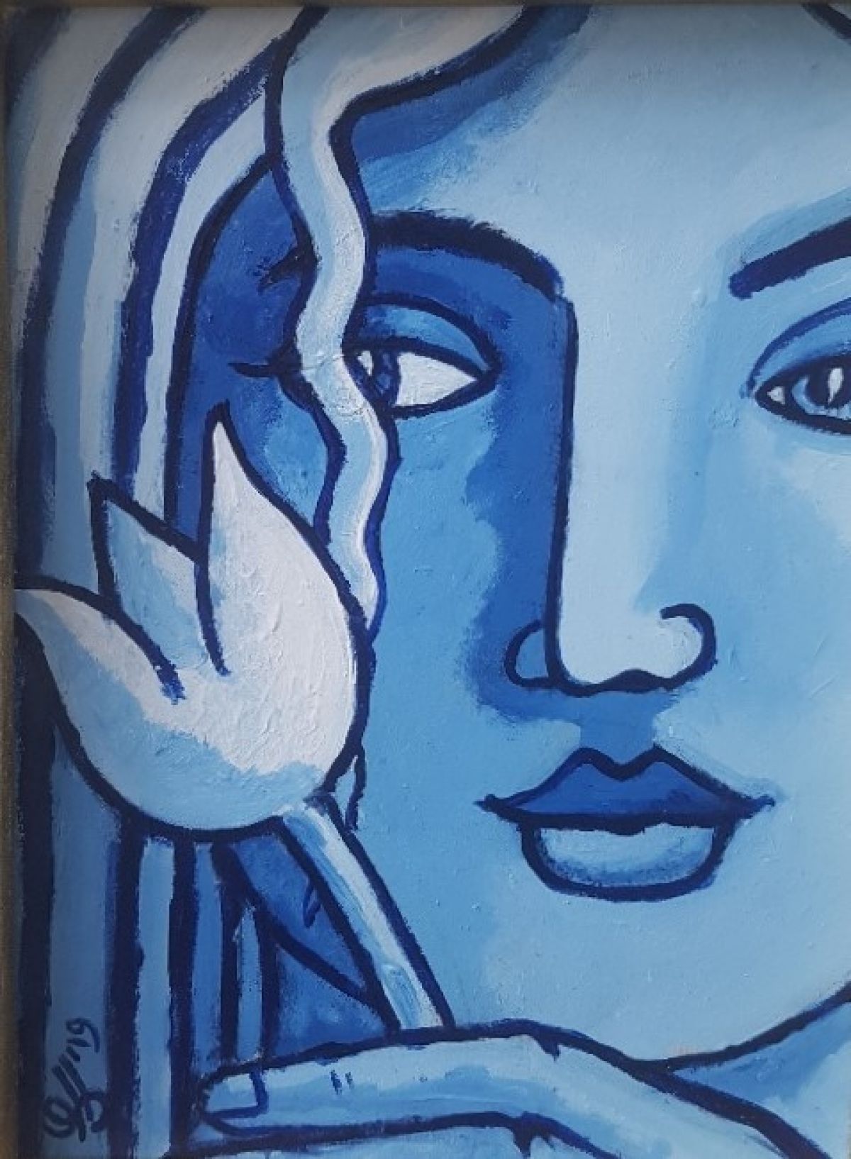 Kunst: Blue girl with white flower van kunstenaar Jacques Tange